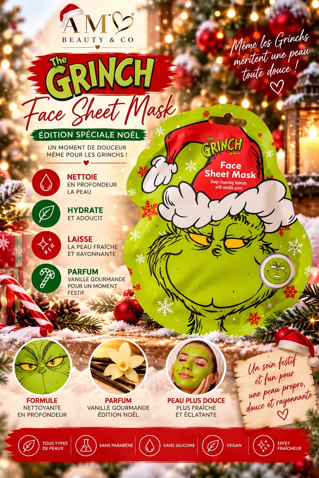 Masque visage à la vanille en motif grinch ❤️💚