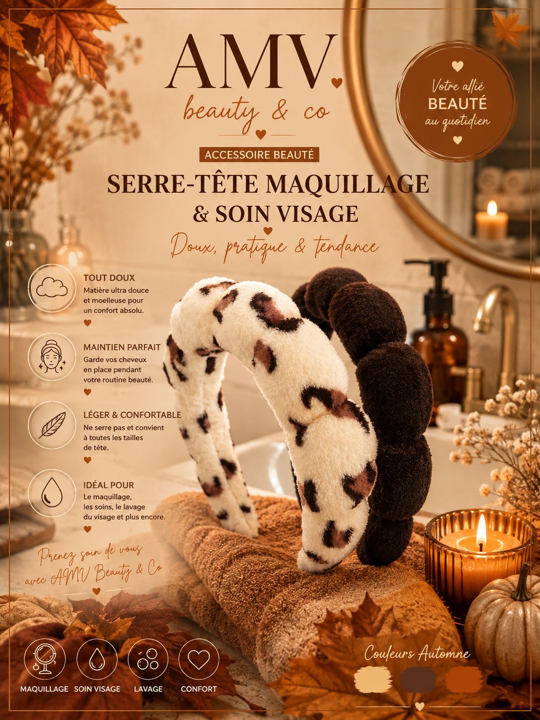 Serre tête maquillage & Soin visage 2 léopard et 2 noir