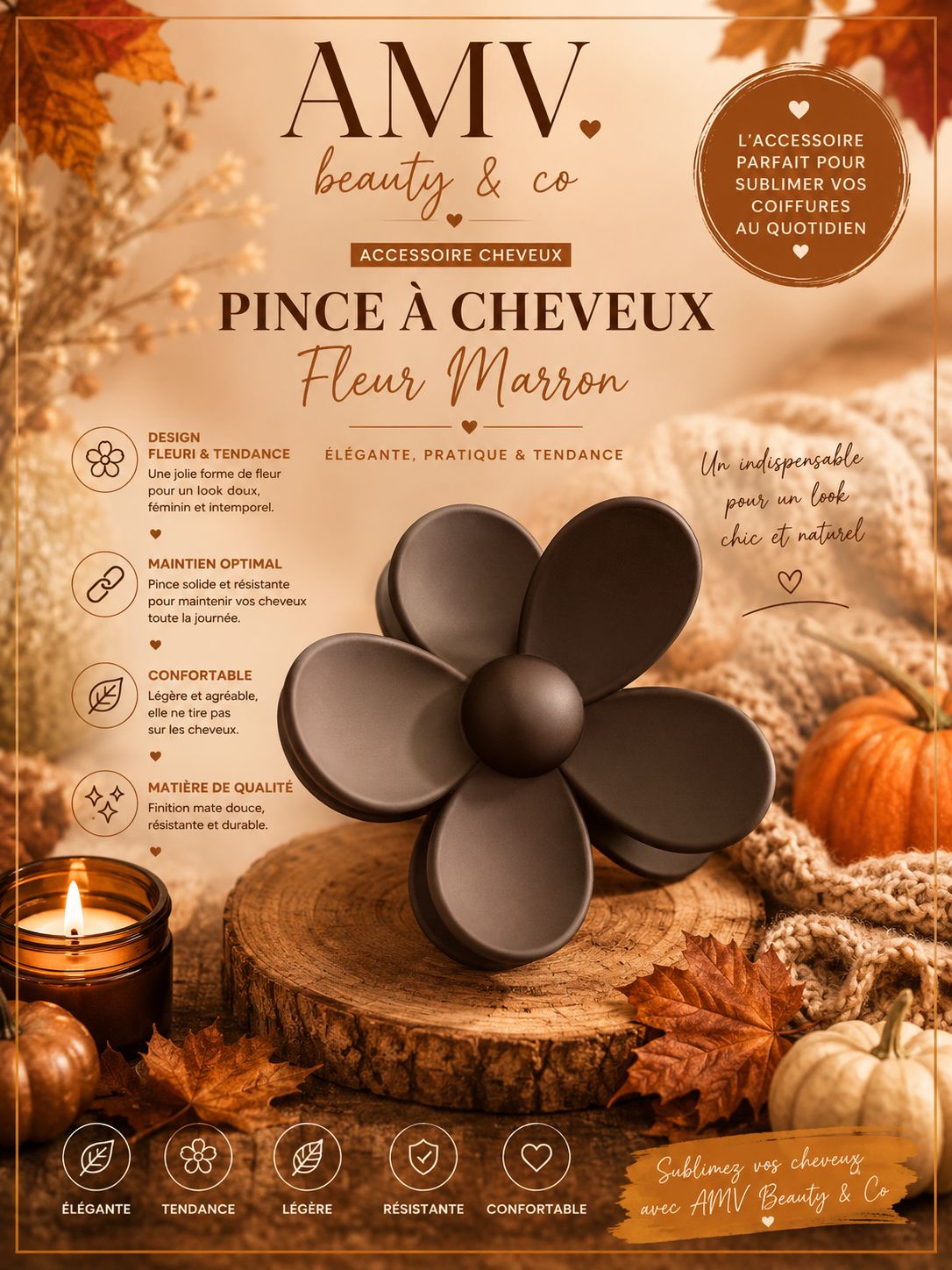 Pince à cheveux fleur marron 🌸