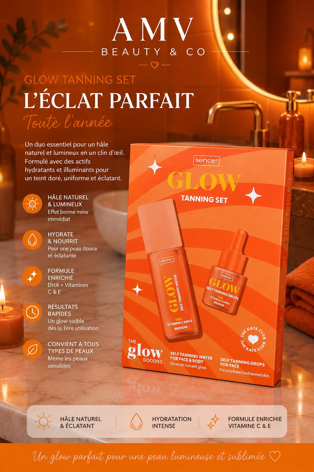 Kit bronzant éclat avec une eau auto bronzante à base de vitamine C & E une teinte médium, la plus grande bouteille c’est pour visage & corps et la plus petite c’est pour le visage appliquer juste quelques gouttes sur votre peau 🧡