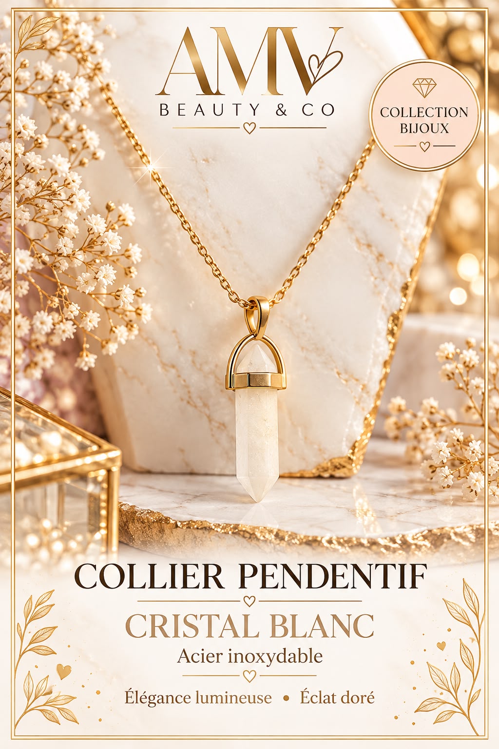 Collier pendentif cristal blanc 🤍