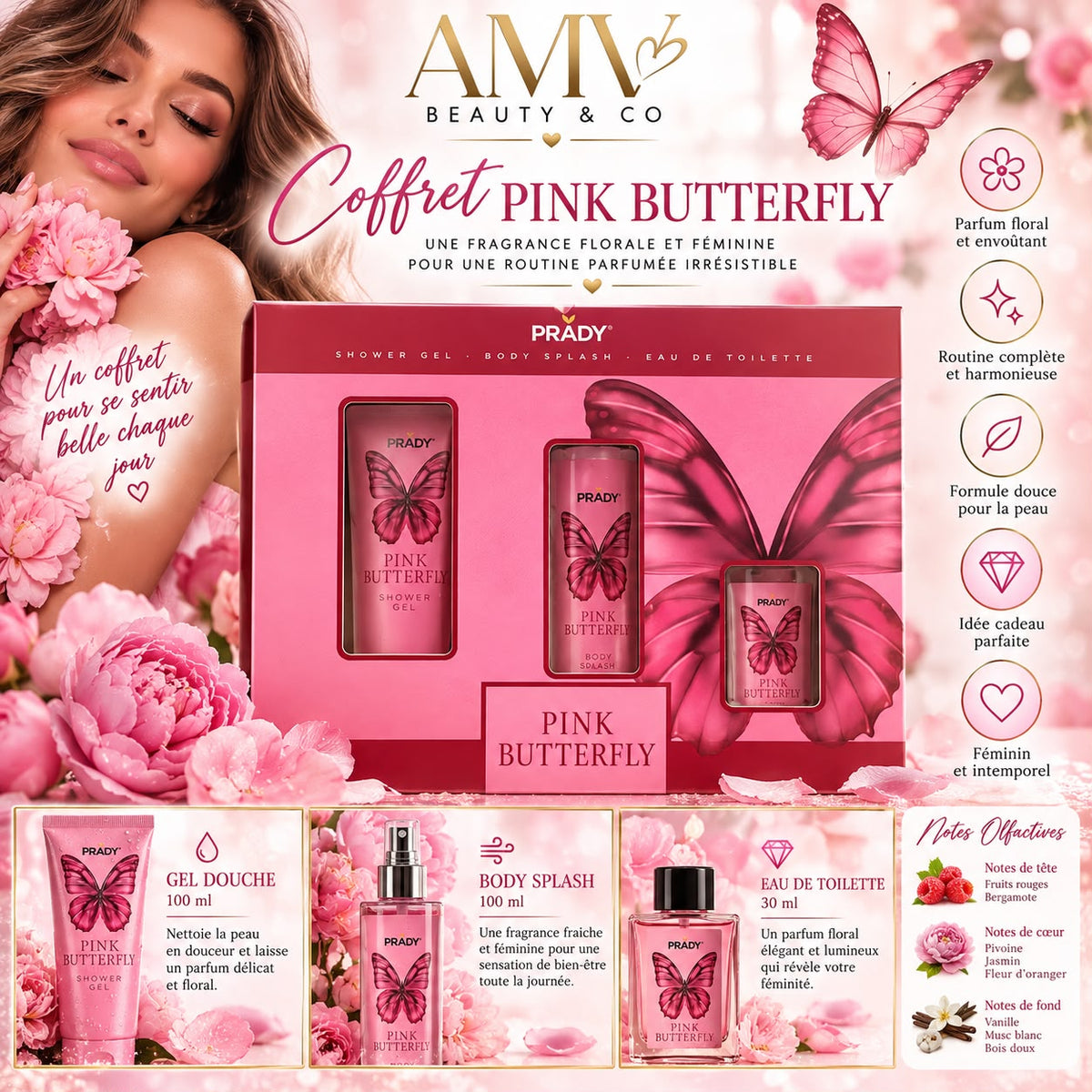 Coffret Pink Butterfly Gel douche,brume et eau de toilette 🩷