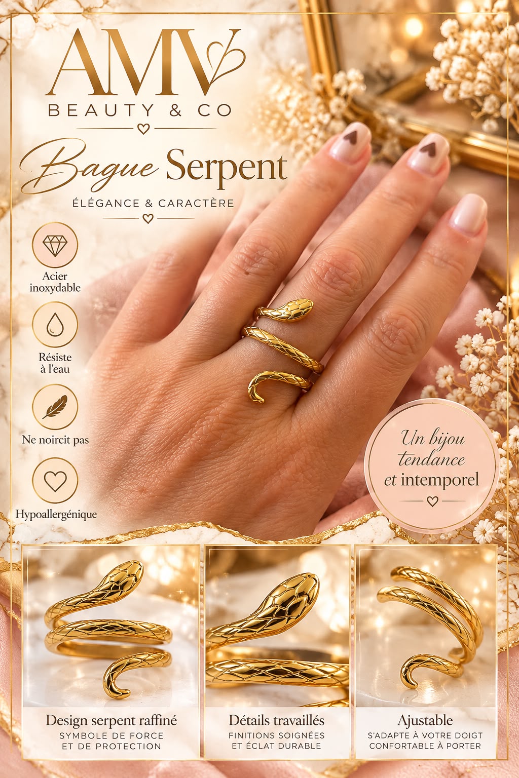 Bague motif serpent réglable