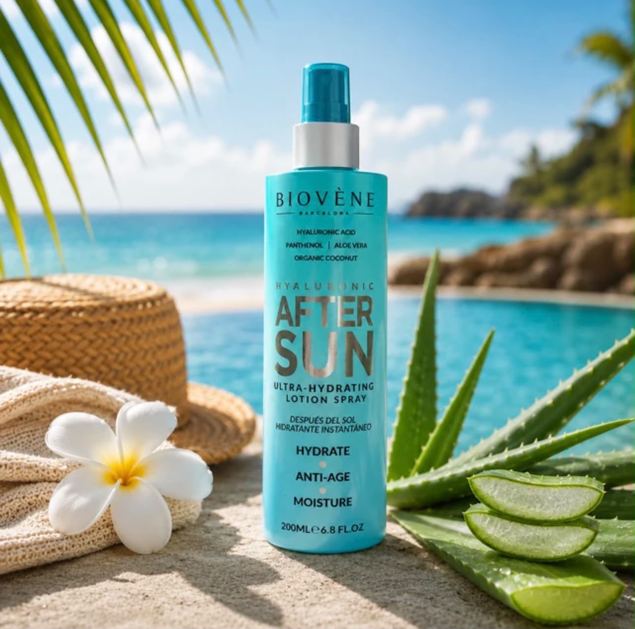 Spray après soleil ultra hydratant à l'acide hyaluronique, aloe Vera et coco