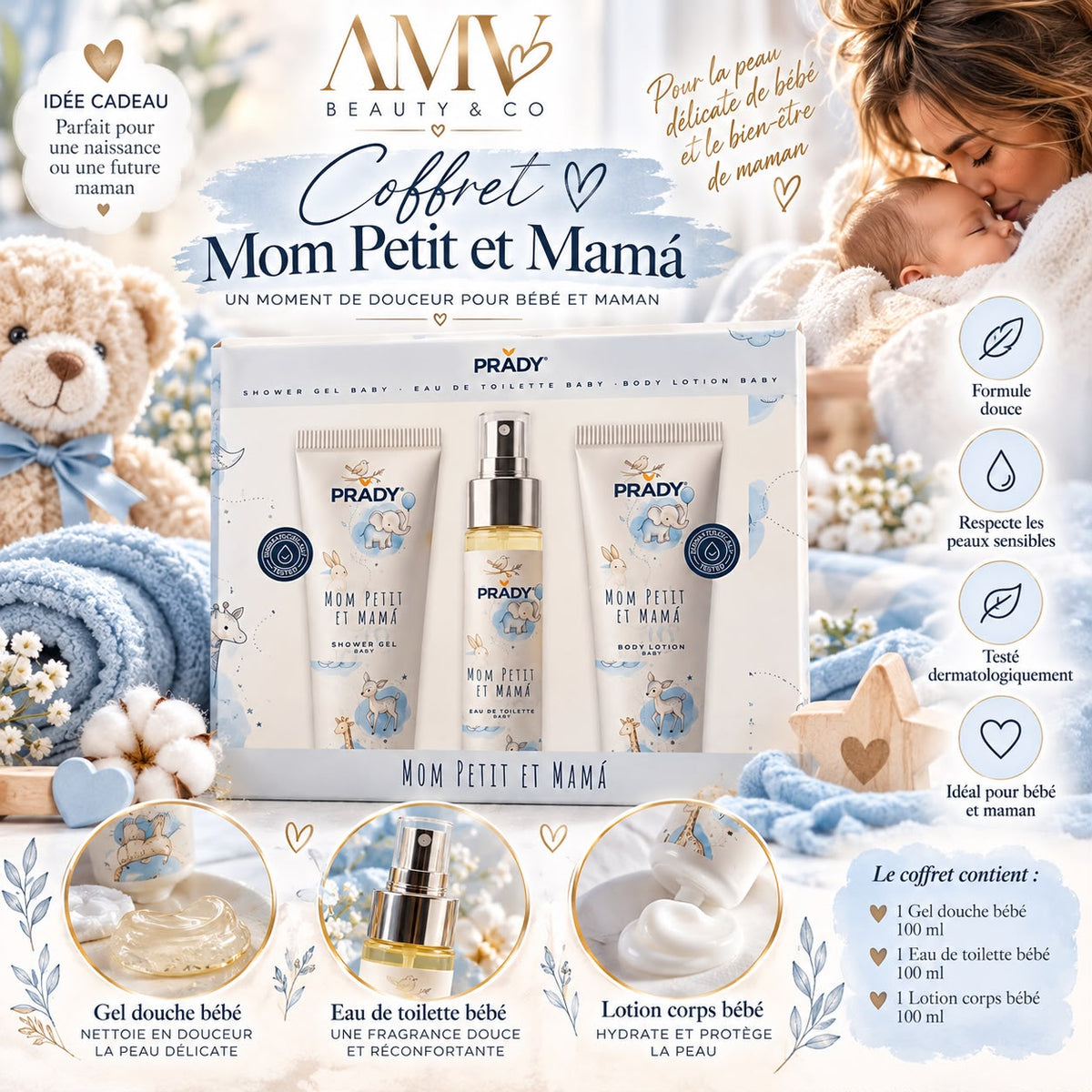 Coffret Mom petit et mama Gel douche, eau de toilette et crème hydratante