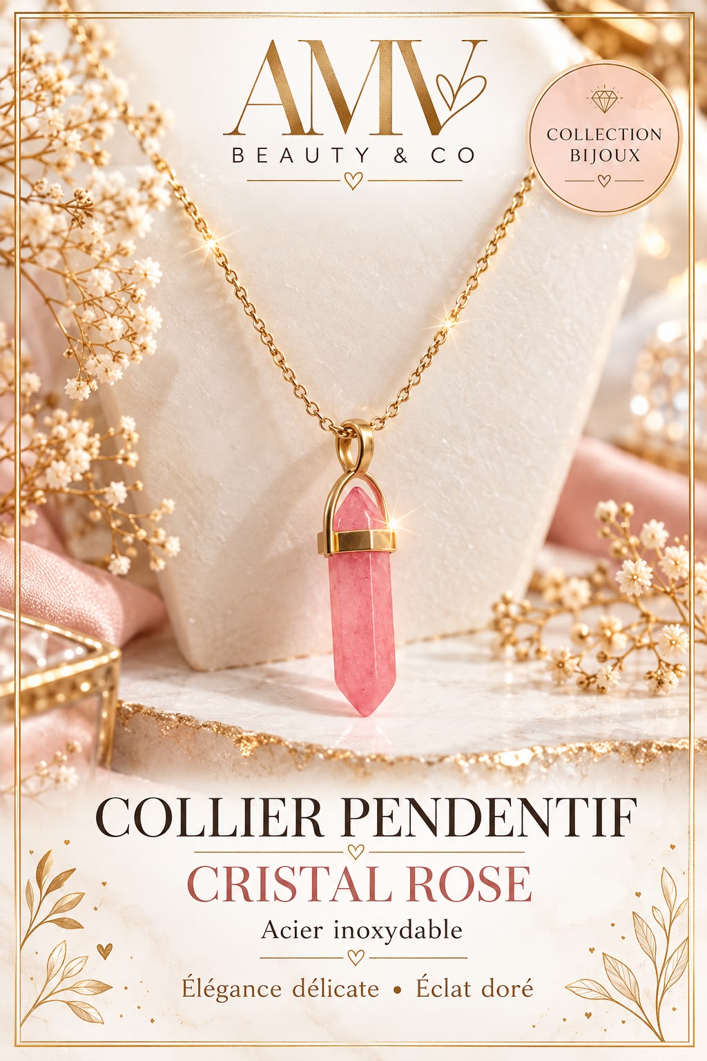 Collier pendentif cristal rose 🩷